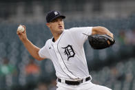 Detroit Tigers pitcher Matt Manning throws against the Chicago White Sox in the first inning of a baseball game in Detroit, Monday, Sept. 20, 2021. (AP Photo/Paul Sancya)