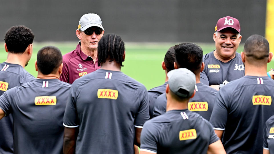 Wayne Bennett and Mal Meninga are seen here addressing Maroons player at their 2020 training camp.