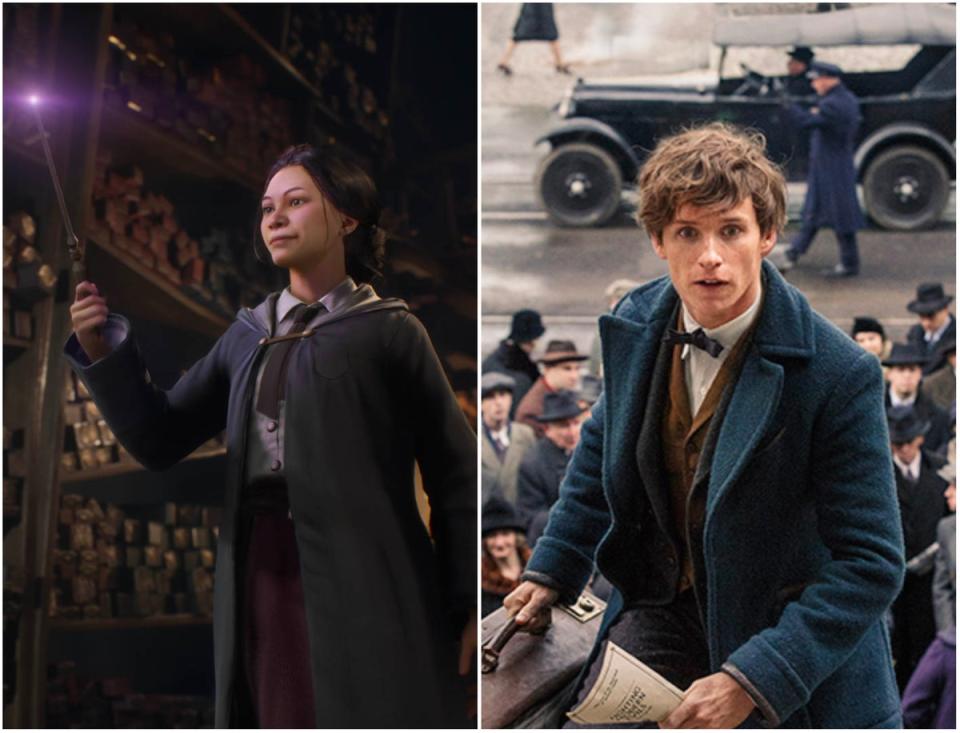 Hogwarts Legacy screenshot (left) and Eddie Redmayne in ‘Fantastic Beasts’ (Portkey Games/Warner Bros)