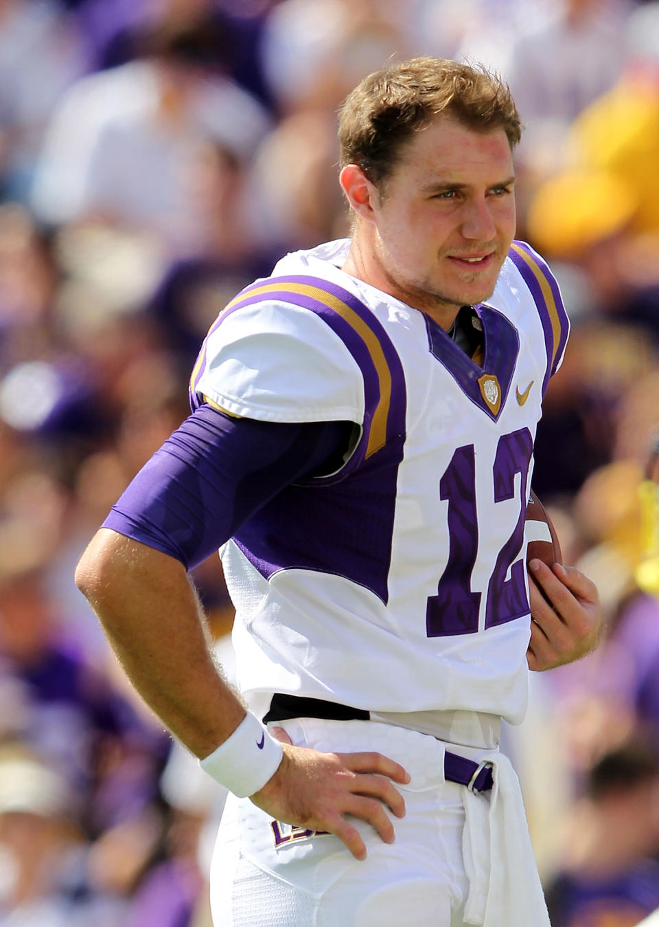 BATON ROUGE, LA - OCTOBER 22: Quarterback Jarrett Lee #12 of the LSU Tigers warms up prior to the game against the Auburn Tigers at Tiger Stadium on October 22, 2011 in Baton Rouge, Louisiana. (Photo by Jamie Squire/Getty Images)