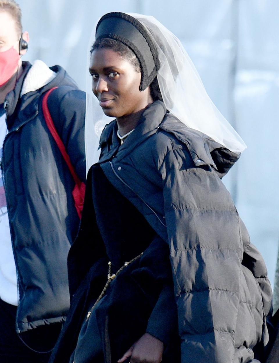 <p>Jodie Turner-Smith gets into character on Monday on the Emley, England, set of her latest project, in which she plays Anne Boleyn.</p>