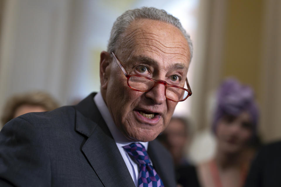 Senate Majority Leader Chuck Schumer, D-N.Y., takes question from reporters after a closed-door Democratic strategy meeting, at the Capitol in Washington, Wednesday, Sept. 6, 2023. Schumer hopes to pass legislation within the next year that both encourages the rapid development of artificial intelligence and mitigates its biggest risks. He is convening a meeting of prominent technology executives to ask them how Congress should do it. (AP Photo/J. Scott Applewhite)