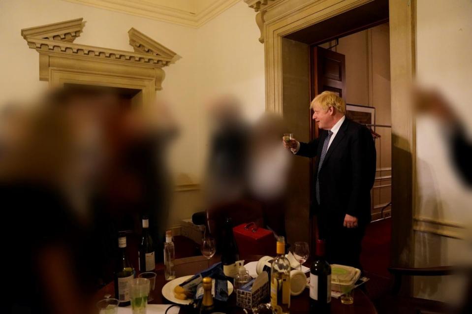 Cabinet Office photo showing Prime Minister Boris Johnson at a gathering in 10 Downing Street for the departure of a special adviser during lockdown (Sue Gray Report/Cabinet Office/PA) (PA Media)
