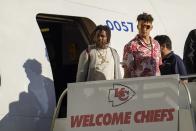 Kansas City Chiefs' Patrick Mahomes arrives for the NFL Super Bowl 54 football game Sunday, Jan. 26, 2020, at the Miami International Airport in Miami. (AP Photo/David J. Phillip)