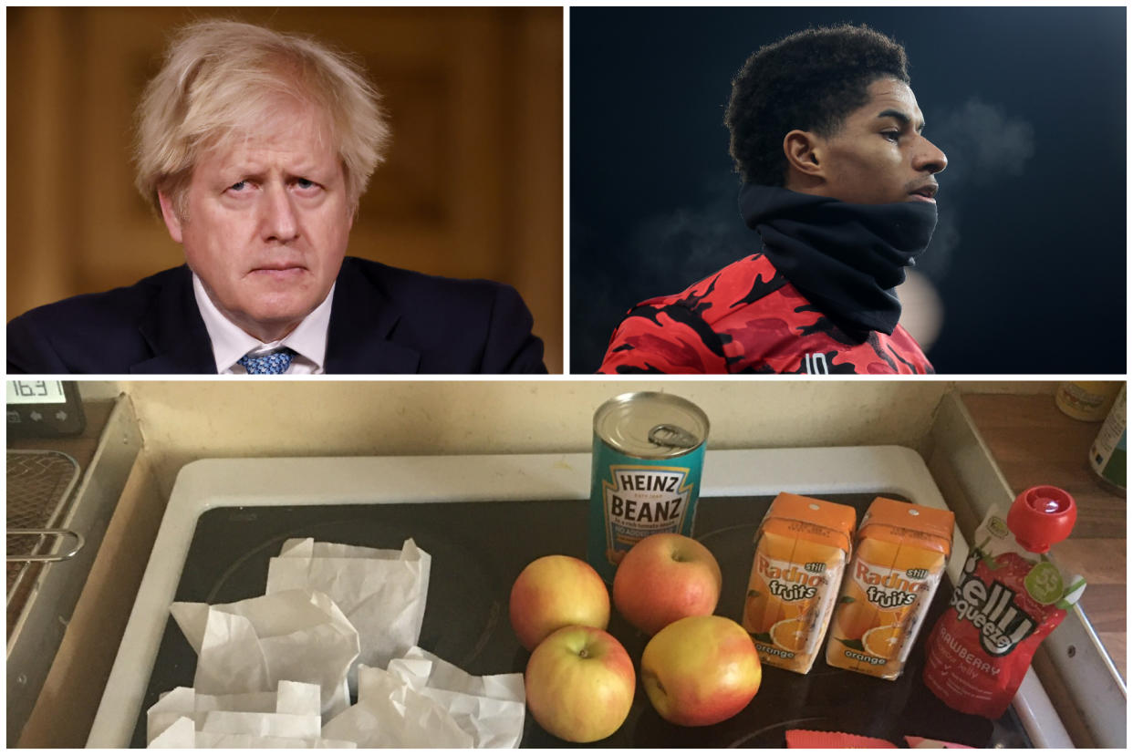 Boris Johnson has described free school meals offered this week as "unacceptable", Marcus Rashford has said. (PA/@MarcusRashford)