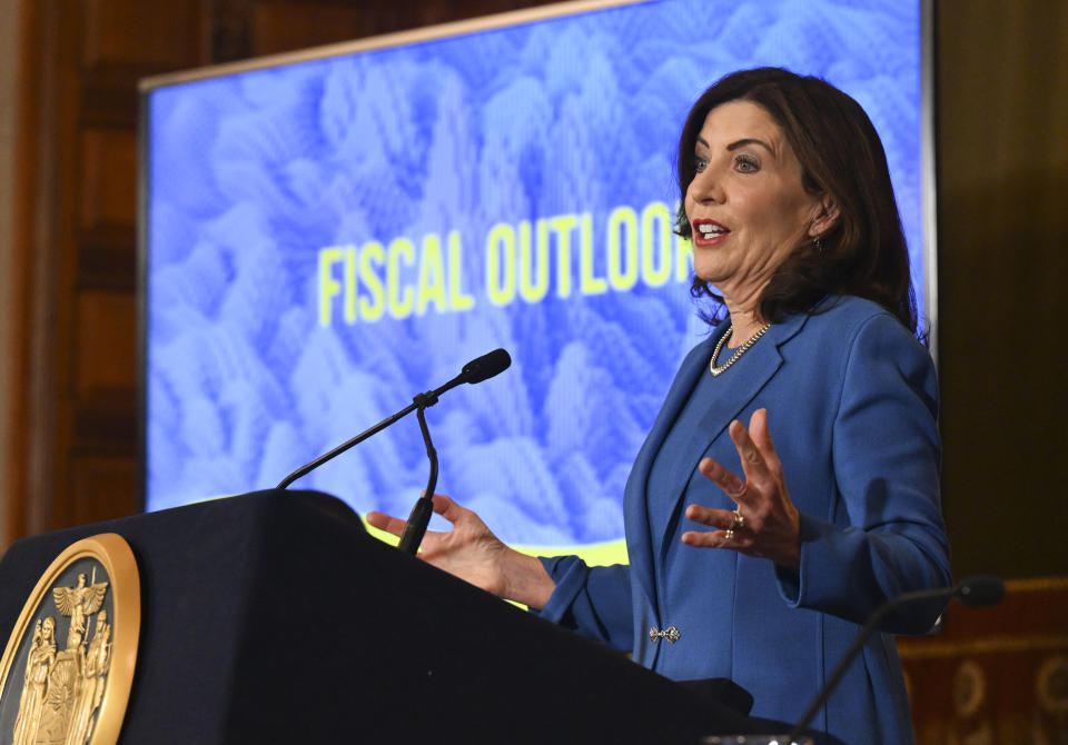 New York Gov. Kathy Hochul presents her 2025 executive state budget in the Red Room at the state Capitol Tuesday, Jan. 16, 2024, in Albany, N.Y. (AP Photo/Hans Pennink)