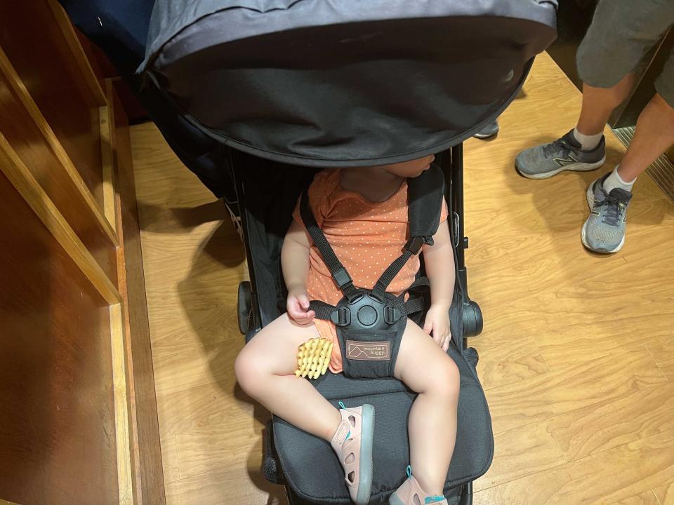 A child asleep in a stroller on an elevator with a french fry.