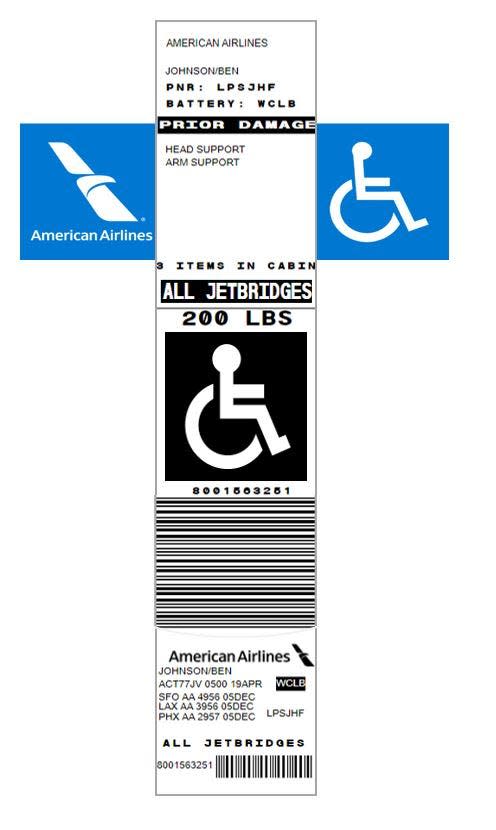 A sample of American Airlines' new automatic mobility device tag.