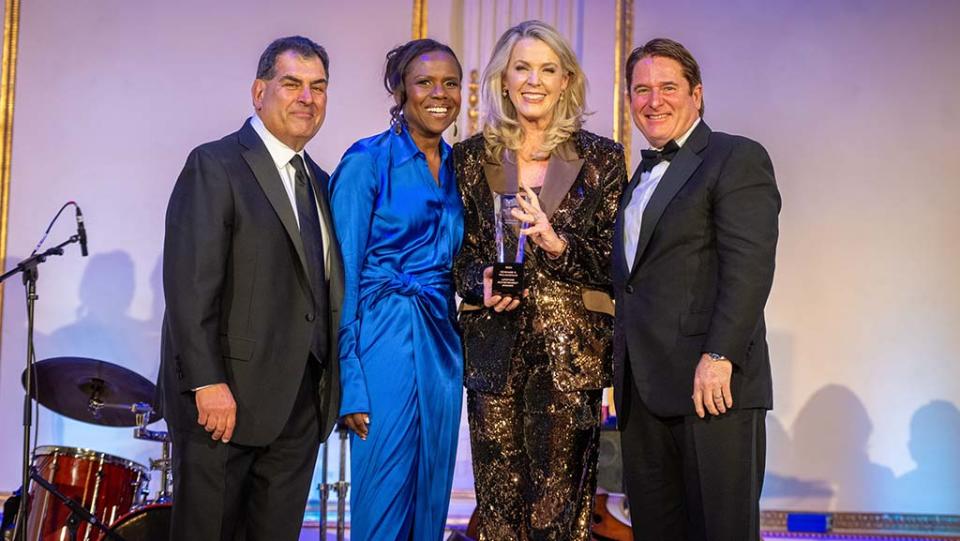 (From l.): Broadcasters Foundation of America chair Scott Herman and board member Deborah Roberts, co-anchor of 20/20 on ABC; Deborah Norville, winner of the Edward F. McLaughlin Lifetime Achievement Award; and BFOA president Tim McCarthy at the group’s gala fundraiser in New York.