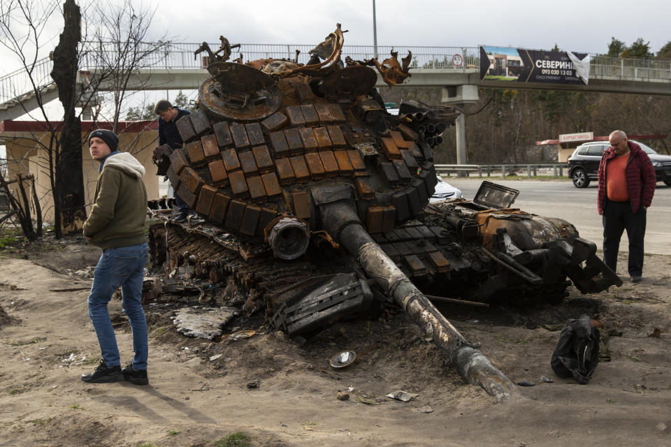 Remains of destroyed Russian tanks in the Kiev region, Ukraine, on April 6, 2022 (Photo by Oleg Pereverzev/NurPhoto via Getty Images)