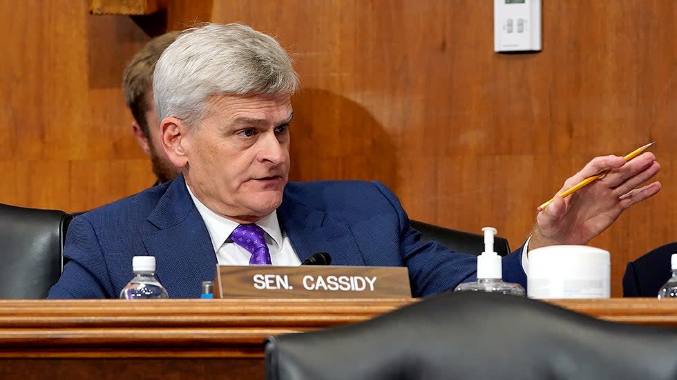 Sen. Bill Cassidy (R-La.) asks questions during a Senate Energy and Natural Resources Committee hearing to examine the the Federal Energy Regulatory Commission  on Tuesday, September 28, 2021.