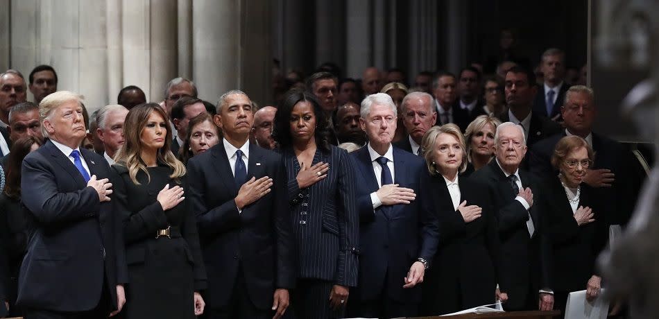 From left, President Donald Trump, first lady Melania Trump, former President Barack Obama, former first lady Michelle Obama, former President Bill Clinton, former Secretary of State Hillary Clinton, and former President Jimmy Carter and former first lady Rosalynn Carter participate in the State Funeral for former President George H.W. Bush, at the National Cathedral, Wednesday, Dec. 5, 2018 in Washington.