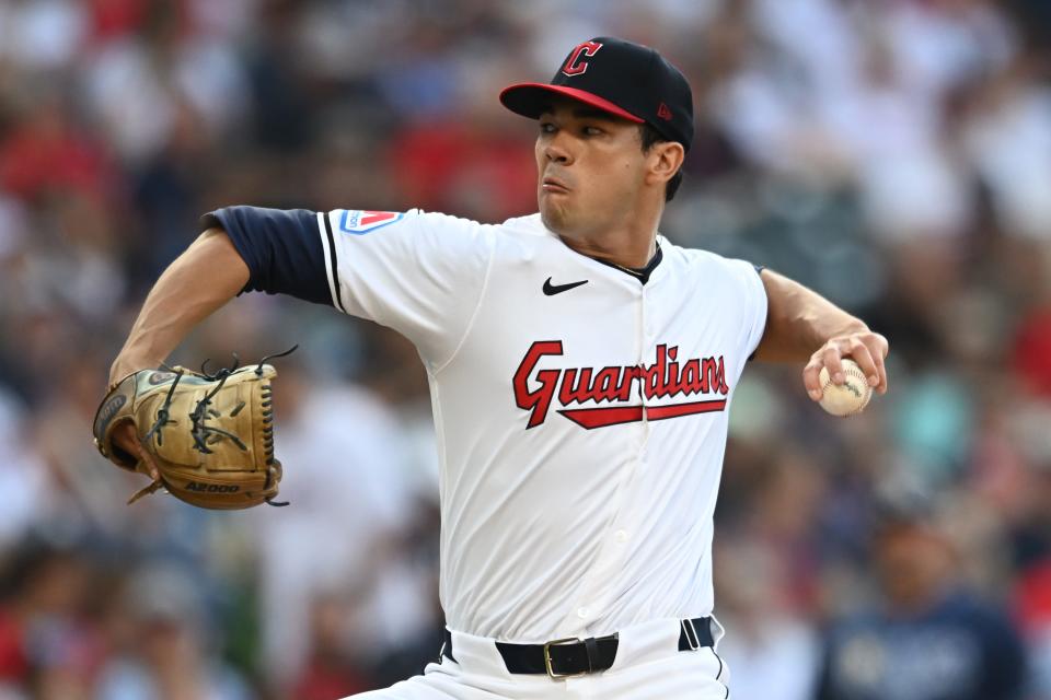 Cleveland Guardians starter Joey Cantillo (54) throws a pitch against the Tampa Bay Rays on Sept. 14 in Cleveland.