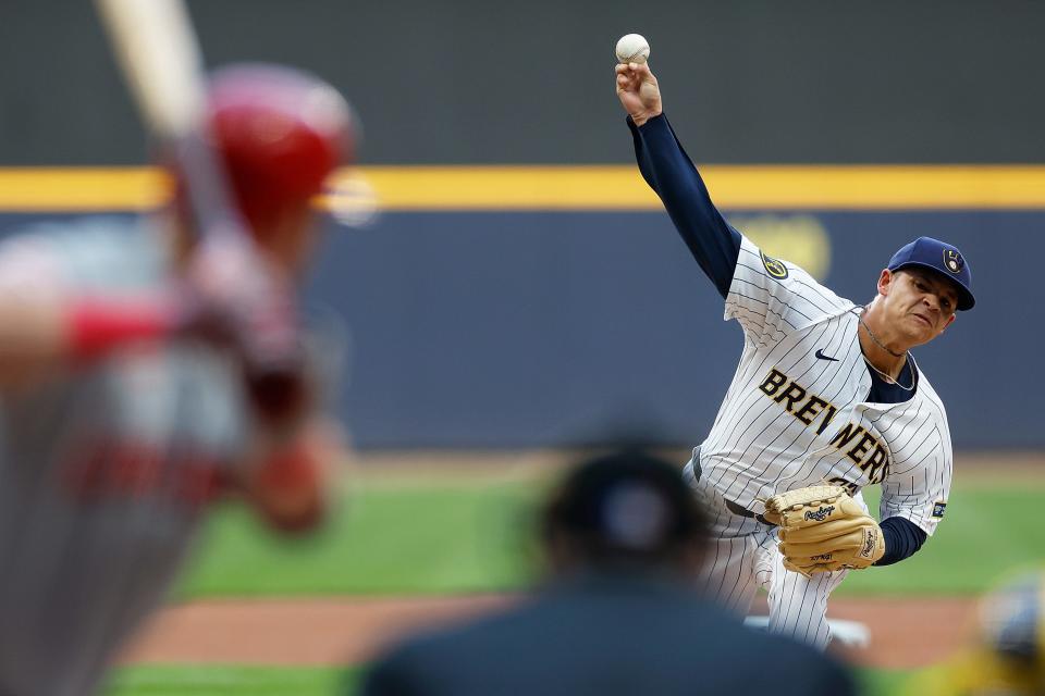 Tobias Myers throws a pitch in the first inning against the Cincinnati Reds at American Family Field on August 10, 2024.