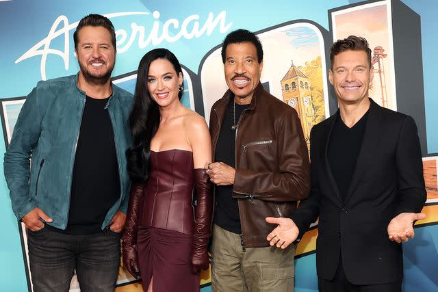<p>Monica Schipper/Getty Images</p> Luke Bryan, Katy Perry, Lionel Richie and Ryan Seacrest