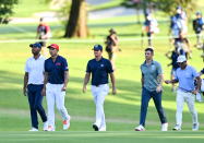<p>Saitama , Japan - 1 August 2021; Bronze Medal play-off players, from left, Juan SebastiÃ¡n MuÃ±oz of Colombia, Collin Morikawa of USA, Mito Pereira of Chile, Rory McIlroy of Ireland and CT Pan of Chinese Taipei during the bronze medal play-off in round 4 of the men's individual stroke play at the Kasumigaseki Country Club during the 2020 Tokyo Summer Olympic Games in Kawagoe, Saitama, Japan. (Photo By Ramsey Cardy/Sportsfile via Getty Images)</p> 
