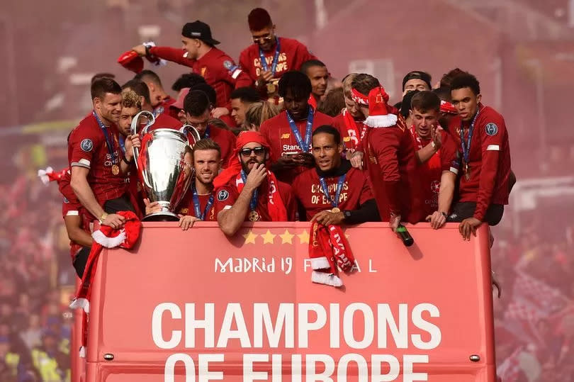 Jürgen Klopp and some of his Liverpool players on the open top bus tour of Liverpool after winning the Champions League.