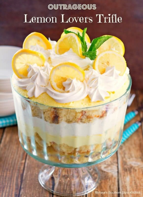 <p>Melissa's Southern Style Kitchen</p><p>This outrageous lemon lovers trifle is a dessert filled with citrus deliciousness. It starts with a lemony pound cake that’s brushed with lemon-laced simple syrup. The pound cake is layered with fluffy lemon cream and whipped cream then crowned with lemon slices. <a href="https://www.melissassouthernstylekitchen.com/outrageous-lemon-lovers-trifle/" rel="nofollow noopener" target="_blank" data-ylk="slk:Get the recipe here;elm:context_link;itc:0;sec:content-canvas" class="link rapid-noclick-resp">Get the recipe here</a></p><p><strong>Related: <a href="https://parade.com/1170061/kristamarshall/best-spring-pie-recipes/" rel="nofollow noopener" target="_blank" data-ylk="slk:75 Spring Pie Recipes;elm:context_link;itc:0;sec:content-canvas" class="link rapid-noclick-resp">75 Spring Pie Recipes</a></strong></p>