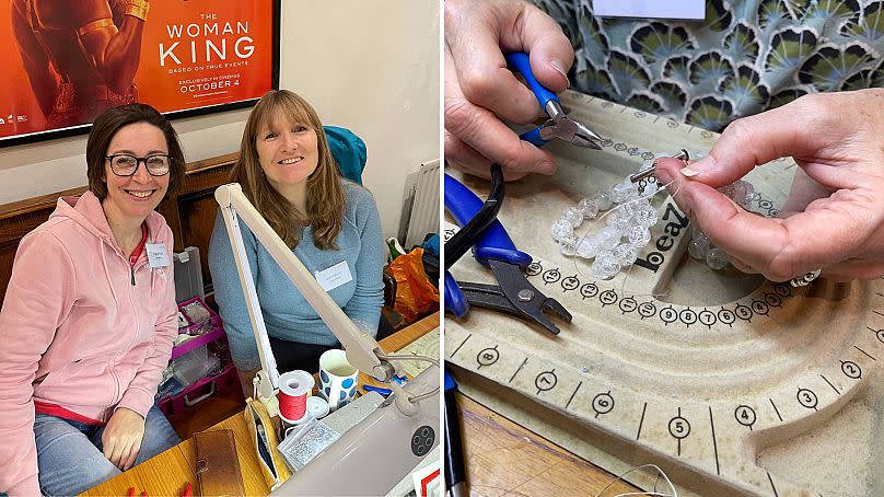 Textiles and jewellery stations at Tunbridge Wells Repair Cafe.