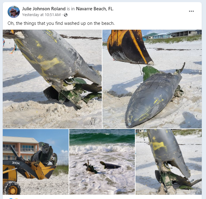 An unusual object washed ashore on Navarre Beach on Monday and was posted to the All Things Navarre Beach Facebook page, leading to speculation about what it is.