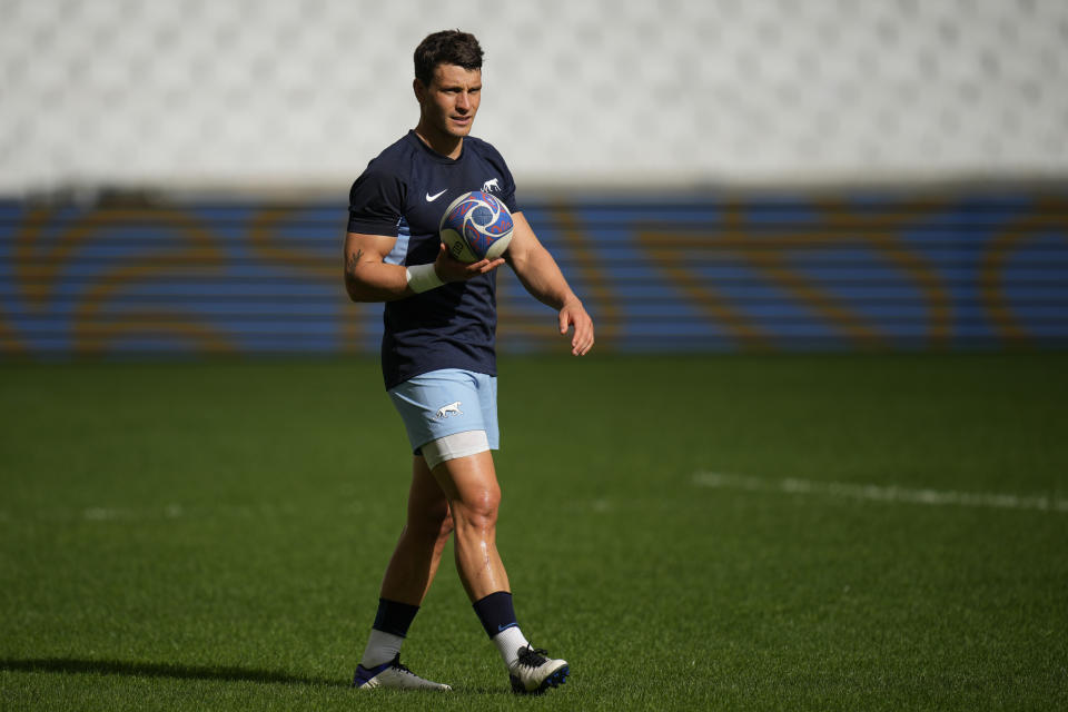 Argentina's Gonzalo Bertranou attends an Argentina training session at Marseille's Stade Velodrome in Marseille, France, Friday, Oct. 13, 2023. Argentina will face Wales on Saturday, Oct.14, 2023, in the Rugby World Cup quarterfinals. (AP Photo/Daniel Cole)