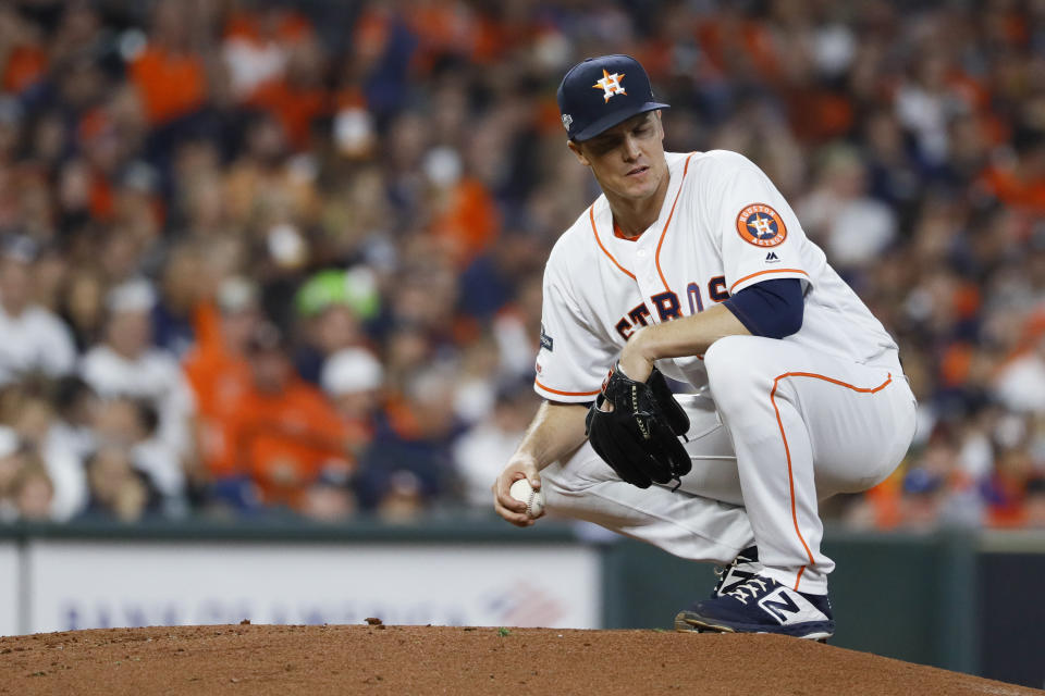 Houston Astros starting pitcher Zack Greinke kneels on the mound during the second inning in Game 1 of baseball's American League Championship Series against the New York Yankees Saturday, Oct. 12, 2019, in Houston. (AP Photo/Matt Slocum)