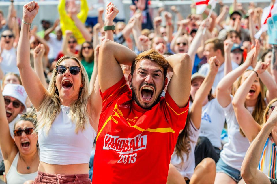 London, UK. 20th Aug, 2023. The Spanish penalty is saved to the frustration of the lone spanish fan. Fans in Victoria Park, at All Points East Festival's In the NBHD, to watch the Lionesses in the the England v Spain, FIFA Women's World Cup final. Credit: Guy Bell/Alamy Live News