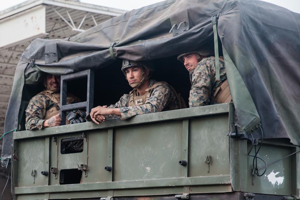 Members of the military sent to secure the U.S.-Mexico border sit in a truck near the Otay Mesa west of San Diego on Nov. 15, 2018. (Photo: Ariana Drehsler/AFP/Getty Images)