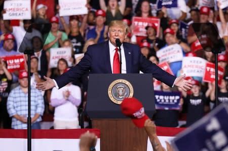 U.S. President Donald Trump rallies with supporters in Manchester