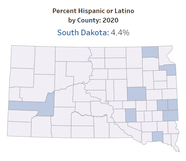 About 4.4% of South Dakotans are Hispanic, based on U.S. Census data. Counties with the highest rate of Spanish-speakers are highlighted on the map and include Beadle, Aurora, Grant and Minnehaha counties.