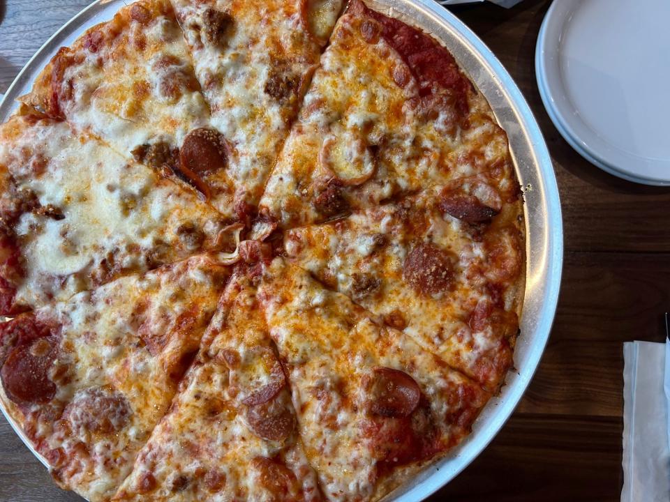 The Southsider pizza at Bix & Co. comes with pepperoni, Graziano's sausage, jalapeno peppers, banana peppers, red chili flakes and mozzarella.