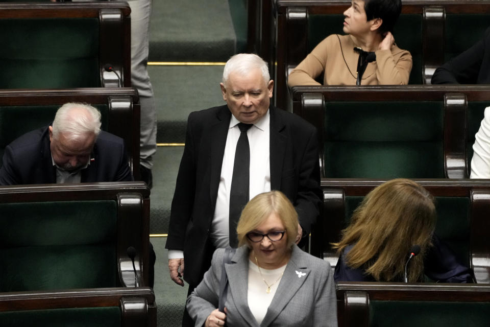 Jaroslaw Kaczynski leader of Poland's right-wing Law and Justice party arrives for a speech of newly elected Poland's Prime Minister Donald Tusk at the parliament in Warsaw, Poland, Tuesday Dec. 12, 2023. (AP Photo/Czarek Sokolowski)