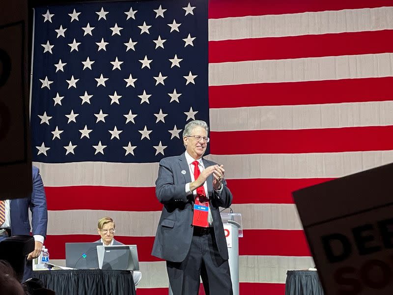 Michigan Republican Party's state party chair candidate Matthew DePerno appears on stage in Lansing