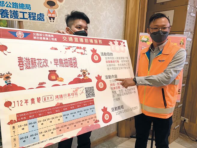 公路總局今年首度在農曆春節連假期間推出「離峰時段行駛蘇花改抽福袋」活動，民眾只要上網登錄基本資料、車牌，選擇公路總局建議的離峰時段與路段，驗證符合資格就可抽大獎。（王志偉攝）