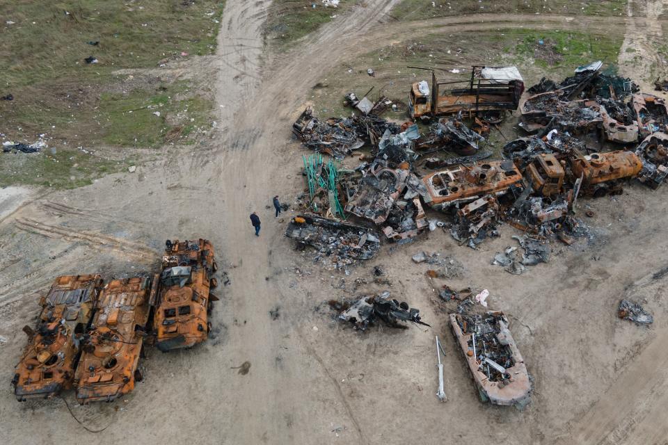 destroyed military vehicles in Bucha, Ukraine