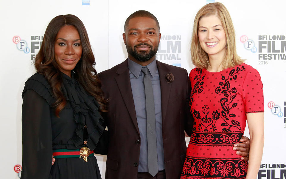 Director Amma Asante and actors David Oyelowo and Rosamund Pike attend the 'A United Kingdom' photocall during the 60th BFI London Film Festival (Photo by John Phillips/Getty Images for BFI)