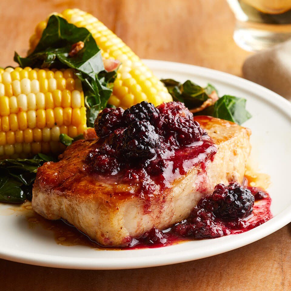 Blackberry BBQ Pork Chops with Collards and Corn