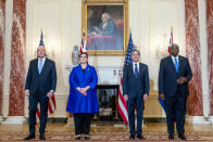 From left, Australian Minister of Defense Peter Dutton, Australian Foreign Minister Marise Payne, Secretary of State Antony Blinken, and Defense Secretary Lloyd Austin pose for a group photograph at the State Department in Washington, Thursday, Sept. 16, 2021. (AP Photo/Andrew Harnik, Pool)