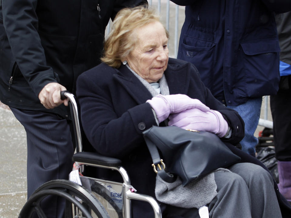 Ethel Kennedy, leaves Westchester County courthouse Wednesday, Feb. 26, 2014, in White Plains, N.Y. Kerry Kennedy testified Wednesday that she did not knowingly take a sleeping pill on the day her Lexus swerved into a tractor-trailer on a suburban New York highway. Ethel Kennedy is the mother of Kerry Kennedy and the widow of Robert F. Kennedy. (AP Photo/Frank Franklin II)