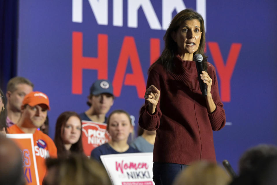 FILE - Republican presidential candidate former UN Ambassador Nikki Haley speaks at a campaign event in Mauldin, S.C., Jan. 27, 2024. (AP Photo/Matt Kelley, File)