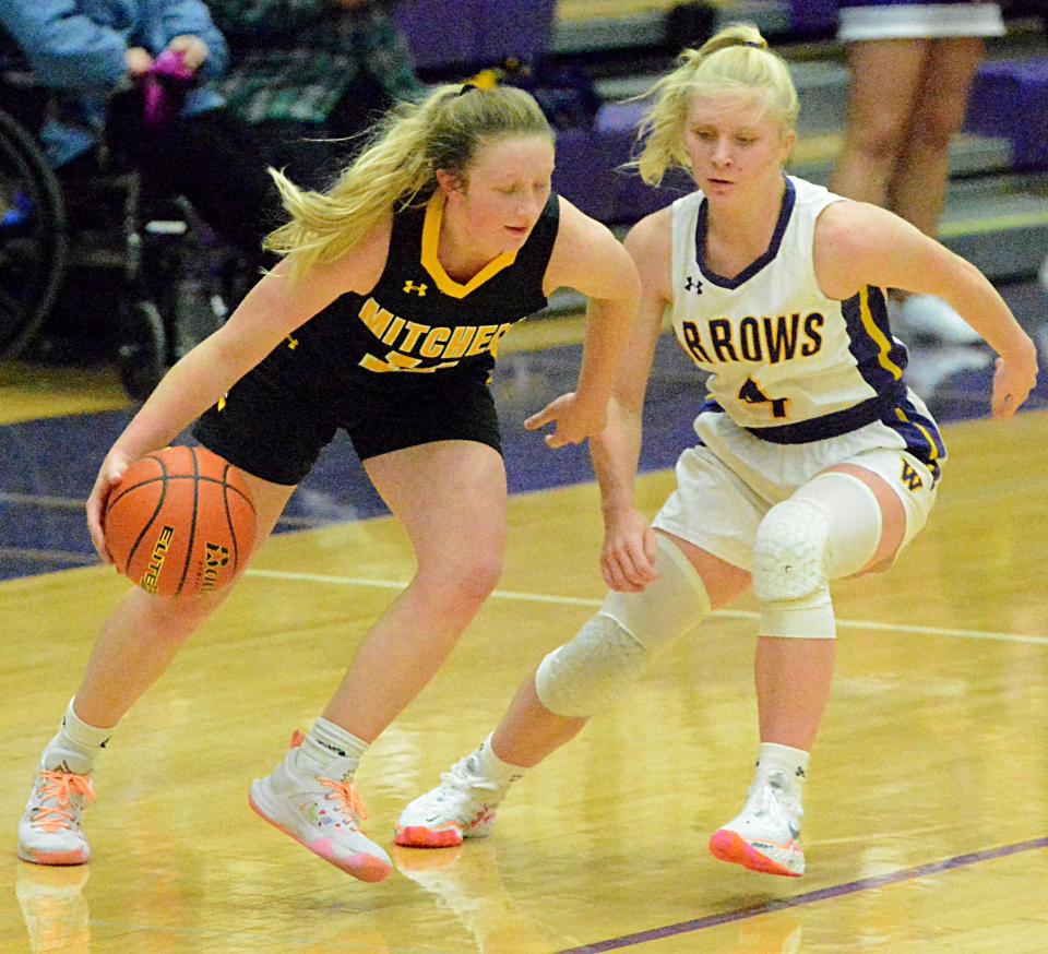 Maddy Rohde (4), shown guarding Mitchell's Taylor Giblin, is one of three Watertown High School girls basketball players  who lead the Public Opinion's list of top area performers for the week of Dec. 13-18.