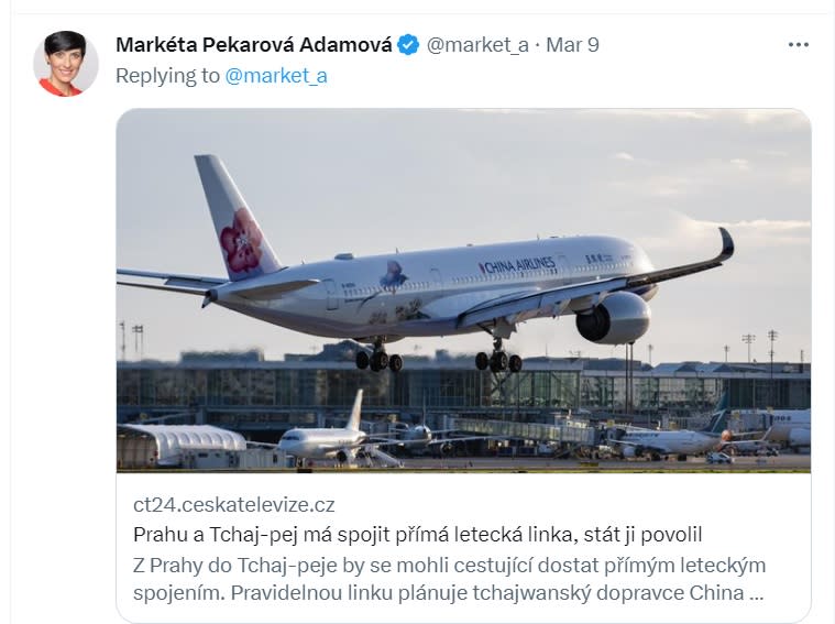 捷克眾議院議長艾達莫娃在推特引述當地媒體報導，表示很高興從今年7月開始，將有每週兩次的定期航班，直飛布拉格與台北之間。   圖：翻攝自艾達莫娃推特