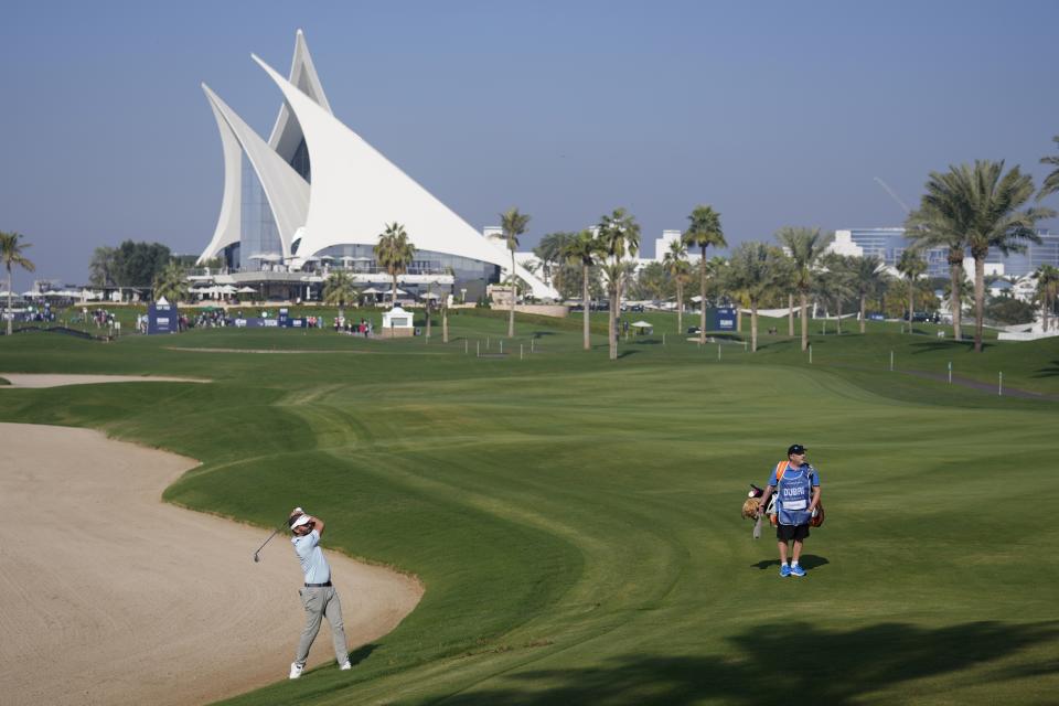 FILE - Joost Luiten of Netherlands plays his second shot on the first hole during the second round of the Dubai Invitational golf tournament, in Dubai, United Arab Emirates, Friday, Jan. 12, 2024. Luiten is being kept out of the Olympics by Dutch officials who feel his world ranking is too low.(AP Photo/Kamran Jebreili, File)