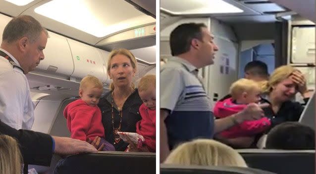 A mother has been reduced to tears after she was allegedly struck with a stroller by an American Airlines crew member during a flight from San Francisco to Dallas. Picture: Facebook/Surain Adyanthaya