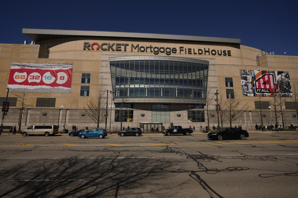 The ROCKET Mortgage FieldHouse is seen during open practice for the NCAA Women's Final Four championship basketball game Saturday, April 6, 2024, in Cleveland. (AP Photo/Carolyn Kaster)