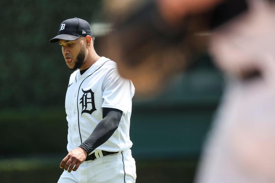 Tigers pitcher Eduardo Rodriguez walks off the field after pitching the fifth inning of the Tigers' 8-0 loss on Wednesday, May 17, 2023, at Comerica Park.