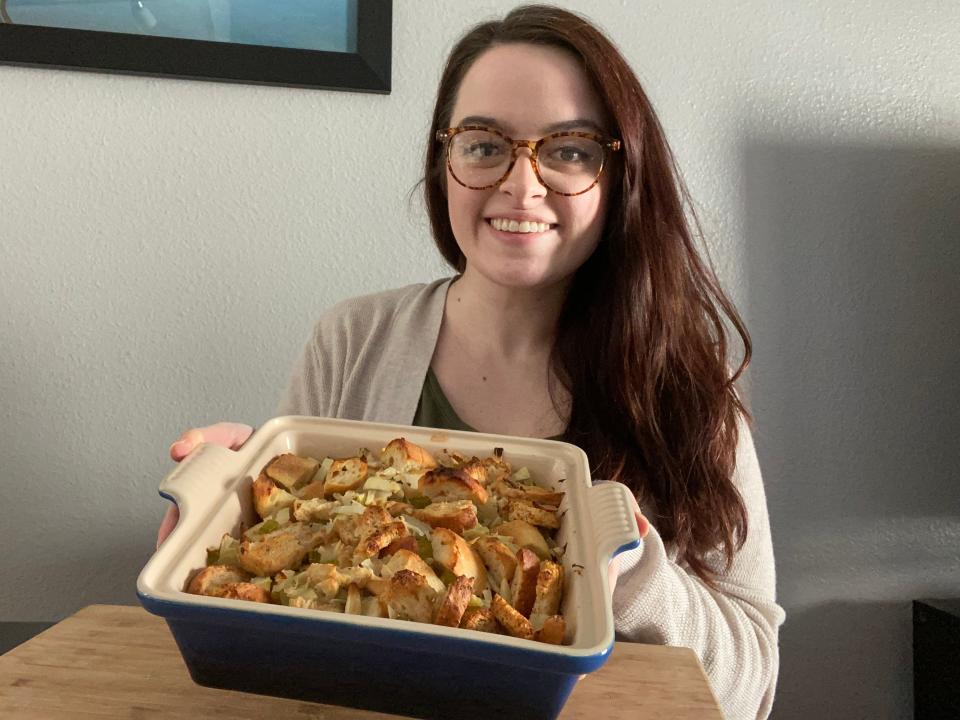 The writer posing with Ina Garten's stuffing
