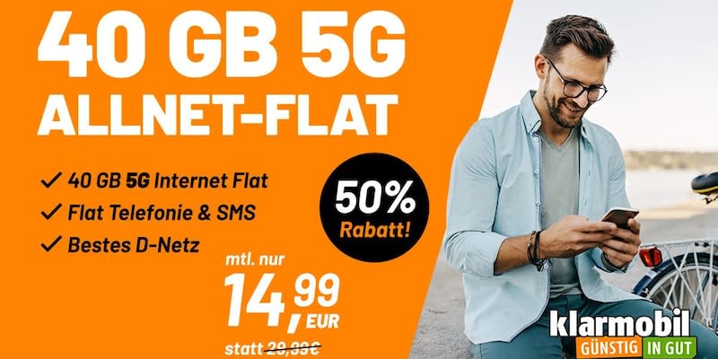 Telekom 5G-Netz zum Top-Preis: 40GB Allnet Flat für 14,99 Euro/Monat!<span class="copyright">Klarmobil</span>