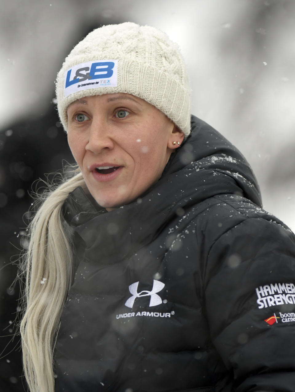 Kaillie Humphries, formerly of team Canada but now representing The United States, warms up a training run for the women's World Cup bobsled event in Lake Placid, N.Y., on Friday, Dec. 6, 2019. Competition begins on Saturday. (AP Photo/Hans Pennink)