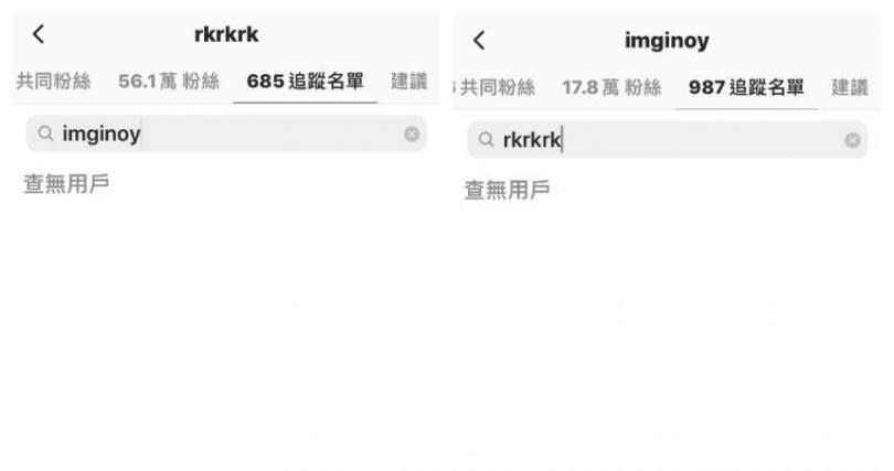 歐陽靖（imginoy）和RK（rkrkrk）取消對方追蹤。（圖／翻攝自IG）
